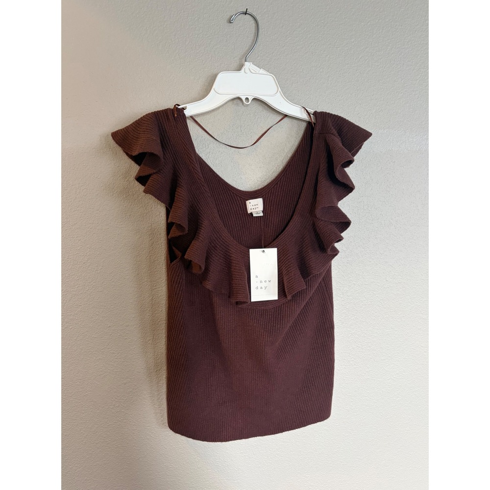 A New Day Brown Ruffle Scoop Neck Ribbed Knit Sleeveless Top Large NWT